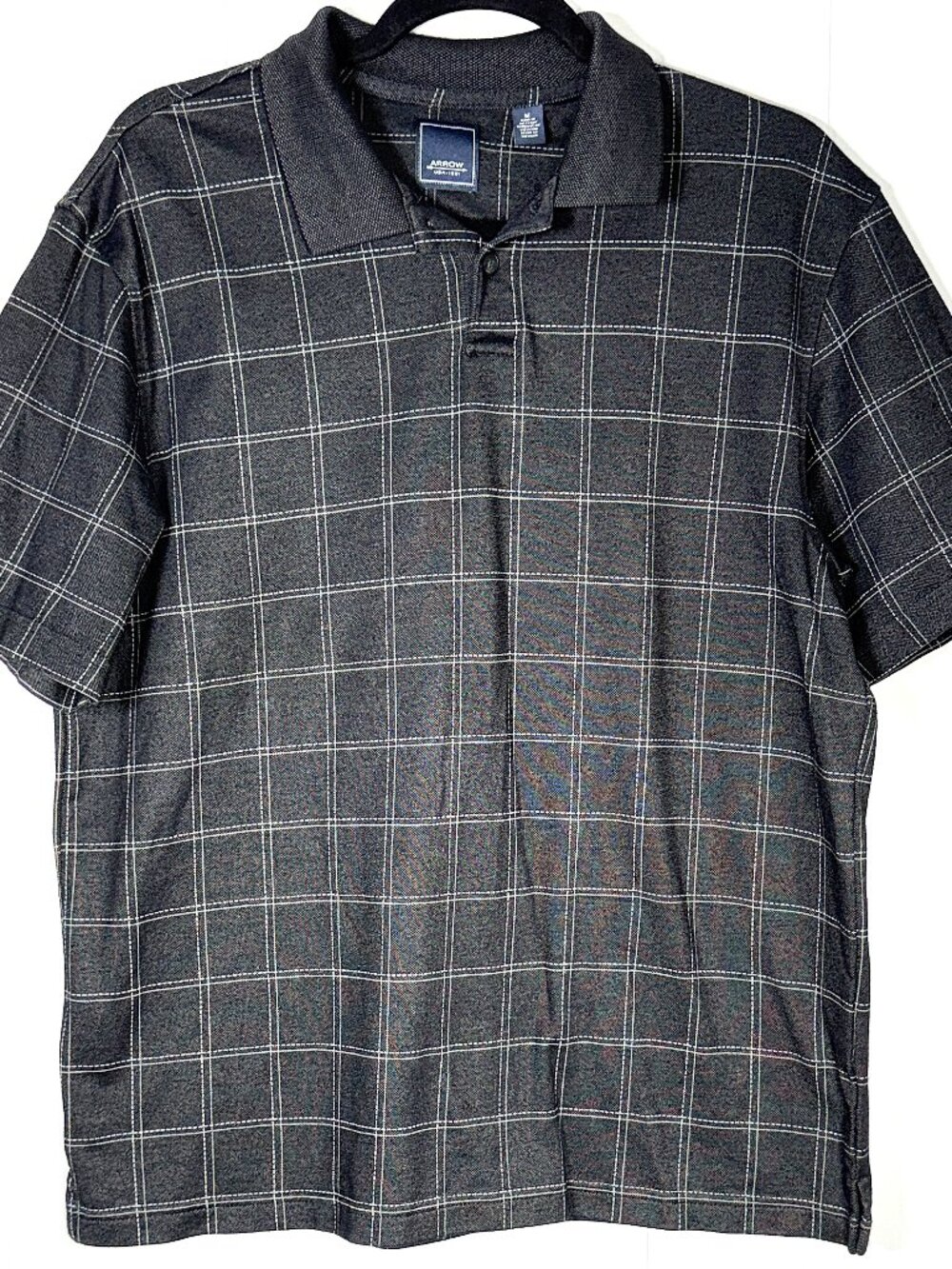 Arrow Charcoal Dark Gray/Black Check Windowpane Golf Polo Pullover Shirt Men's M